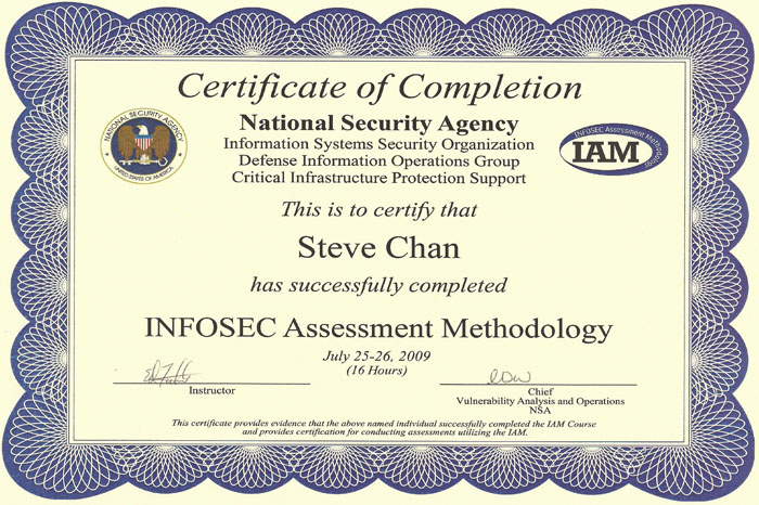Steve Chan Cyber Trainings and Certifications NSA IAM