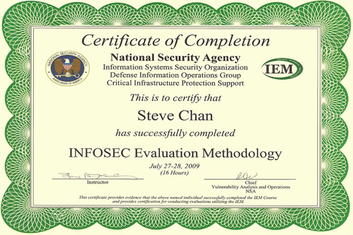Steve Chan Cyber Trainings and Certifications NSA IEM